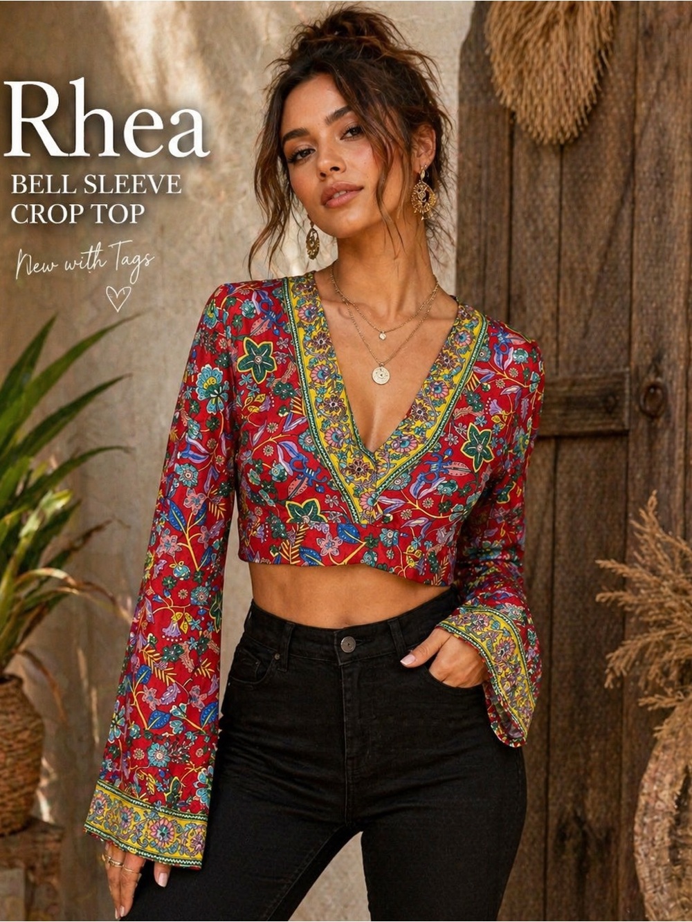 Rhea Boho Floral Bell Sleeve Crop Top NWT Open Back Tie Red Festival Top S/M